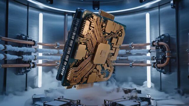 A mesmerizing circuit board floats in mid-air within a high-tech lab. Surrounding pipes exhale clouds of mist, creating an ethereal glow. It&rsquo;s a fascinating blend of innovation and artistry.