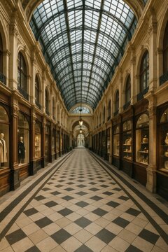Interior view of a beautiful, classic Parisian shopping arcade featuring a glass roof, elegant store fronts, and checkered floor. Ideal for showcasing luxury, shopping, travel, and architecture.