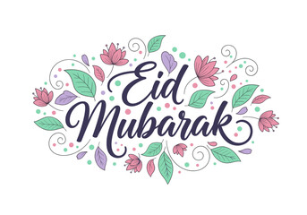 Floral Typography Eid Mubarak Greeting Illustration