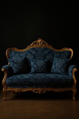 Elegant blue floral sofa with gold trim and dark backdrop. Ideal for luxury brands, interior design concepts, or high-end furniture advertising.