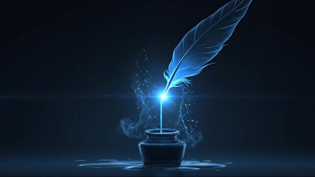 A glowing blue feather dips into an inkwell, with light effects in a dark, atmospheric setting