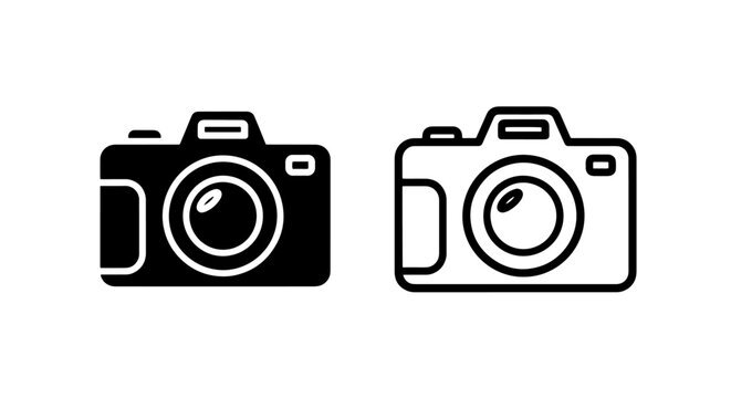 Camera icon with lens and flash, photography symbol in different styles