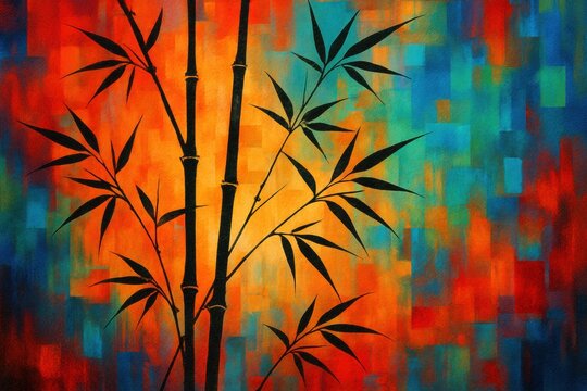 Artistic composition featuring bamboo stalks and leaves silhouetted against a vibrant and modern abstract background. Ideal for decorative prints or design projects.