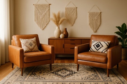 Warm interior featuring two leather armchairs, a wooden sideboard with decorative vases, and macrame wall art. Perfect for home decor, interior design, or lifestyle content.