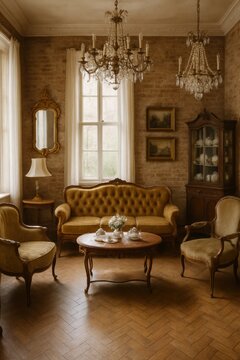 Ornate living room interior with vintage furniture, including a plush sofa, armchairs, and coffee table set for tea. Crystal chandeliers and natural light fill the room.