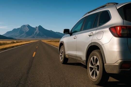 Silver SUV parked on the side of a long, straight road leading towards distant mountains. Great for travel, adventure, and automotive marketing material.