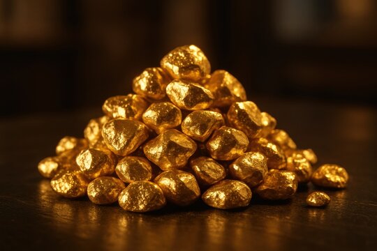 Stack of natural gold nuggets against a dark background. Represents wealth, investment, and mining success. Useful for finance, business, and precious metals themes.