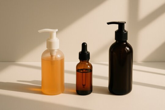 Three skincare bottles of different shapes on a clean surface with sunlight and shadows. Ideal for beauty, wellness, and natural product marketing campaigns.