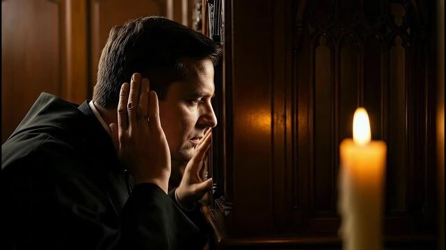 Priest listens closely during confession while candlelight flickers in medieval setting