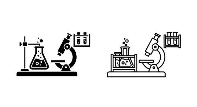 Solid and Outline Icons of Laboratory Equipment: Flask, Microscope