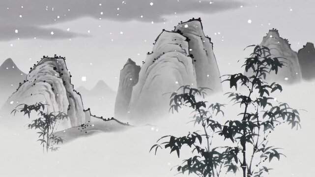 Framing dark bamboo cluster silhouetting misty karst peaks while clouds releasing snow, copy space
