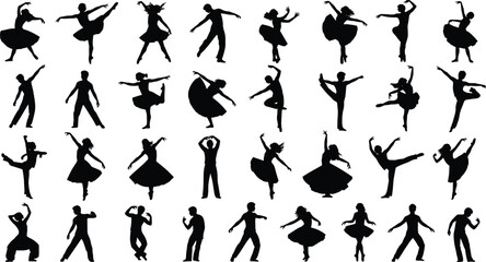 Dance silhouettes set – men and women performing ballet and modern dance poses isolated on white © Heyy