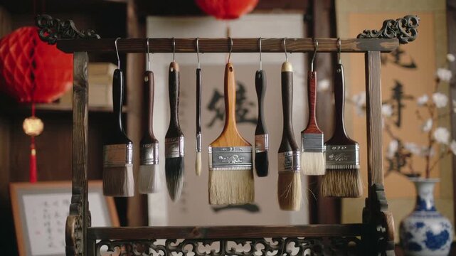 Moving camera nudging carved wooden brush rack into gentle swing of nine brushes at studio, lantern