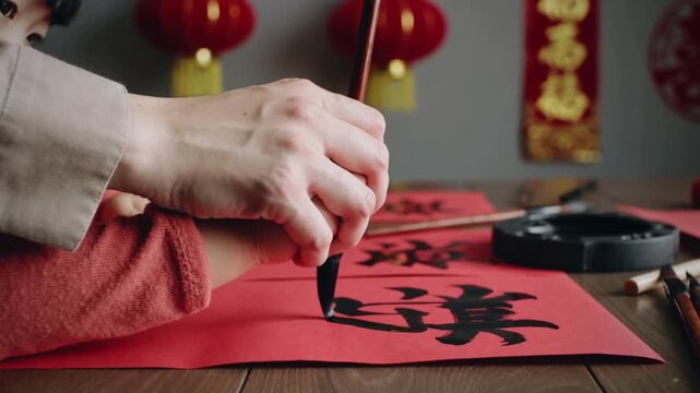 Picking up brush woman forming character on red paper at home, wearing beige sleeve for festival