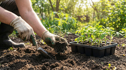 Fototapeta premium A person wearing gardening gloves plants a young seedling into the soil next to a tray of similar plants