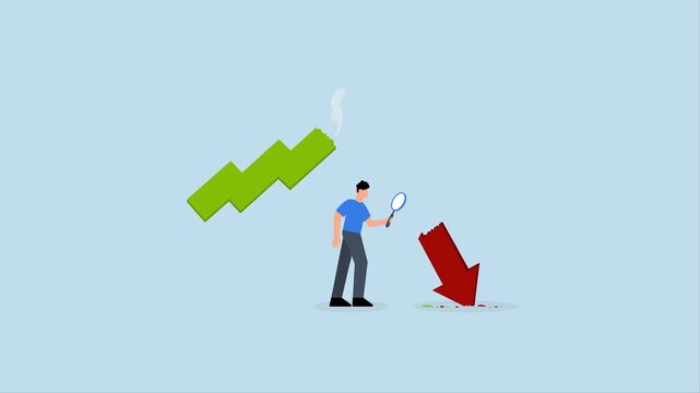 Market crash analysis, 4k animation of businessman analyst using magnifying glass to look at  red arrow on crash chart
