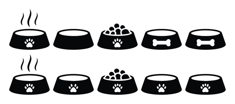 Collection of Dog Food Bowls: Hot, Empty, Full, and Bone-Shaped Icons