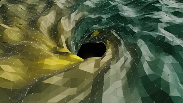 Abstract digital landscape with a swirling vortex and connected network lines