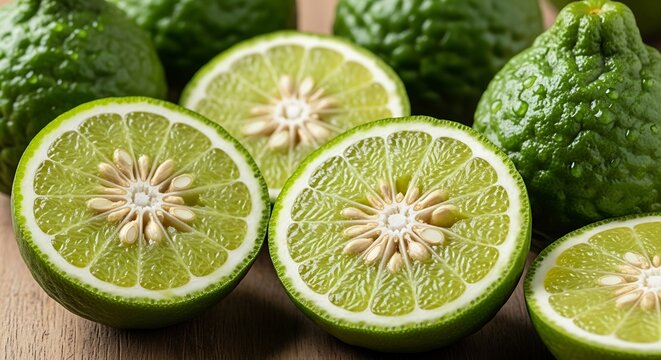 Close-up of fresh, vibrant kaffir limes, whole and halved, revealing their distinct textured skin and aromatic, segmented pulp, embodying exotic zest and culinary potential