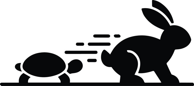 Silhouette of a rabbit and a tortoise in a race on white background hare turtle