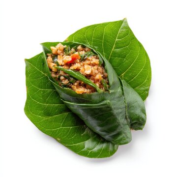 Thai miang kham wrapped in betel leaf with nuts and herbs