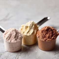 Fototapeta premium Assorted protein powders in measuring scoops on textured surface