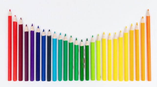 Top View of Colored Pencils Aligned in Gradient Order on Clean White Background for Creative Education Concepts