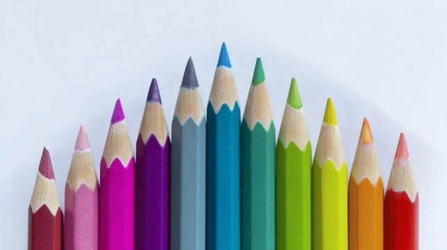 Top View of Colored Pencils Aligned in Gradient Order on Clean White Background for Creative Education Concepts