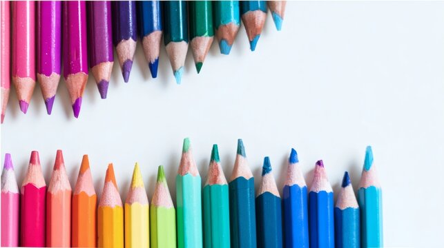 Top View of Colored Pencils Aligned in Gradient Order on Clean White Background for Creative Education Concepts