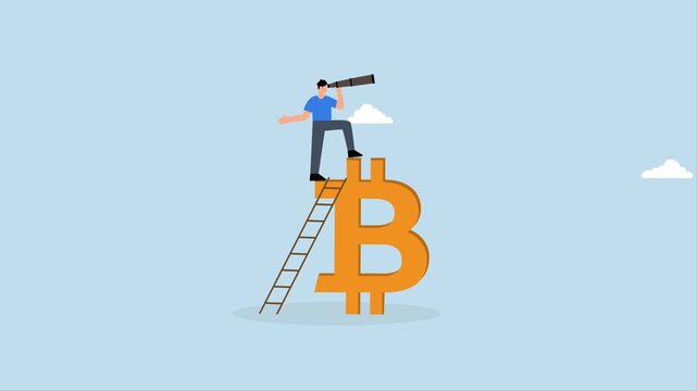 Future of bitcoin and cryptocurrency, 4k animation of investor climbs ladder to  top of Bitcoin using telescope to see opportunity.