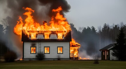 Burning Two- Story House with Intense Flames and Smoke in Forest Setting