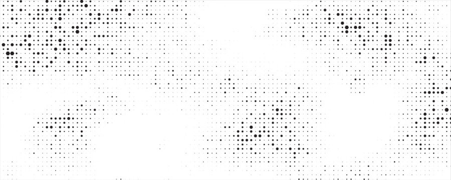 Random halftone. Pointillism style. Background with irregular, chaotic dots, points, circle. Abstract monochrome pattern. Black and white color. Vector illustration
