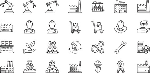 Fototapeta premium Collection of simple black line icons representing manufacturing and industry professionals in various roles and settings, showcasing modern industrial processes and workplace safety.