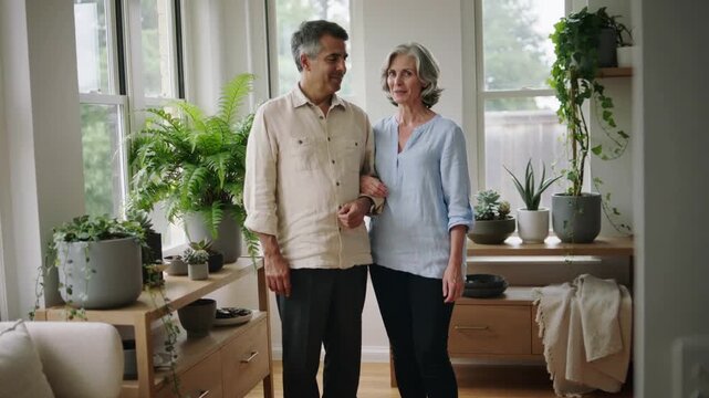 Camera tightening, couple in beige blue shifting gaze, holding linked arms among plants at home