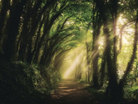  Forest Path with Sunlight Rays and Shadows through Green Trees for Peaceful Nature Landscape Photography