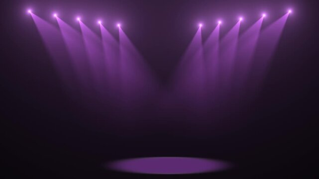 A bright stage with a lit circular podium and rows of purple spotlights above, creating diverging beams of light on a neutral background. Spotlights that direct beams of light downward.