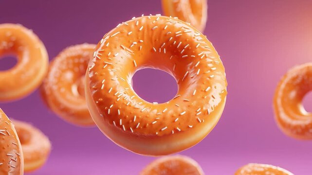 Floating glazed donuts with sprinkles falling on a purple background, sweet food cgi render. 