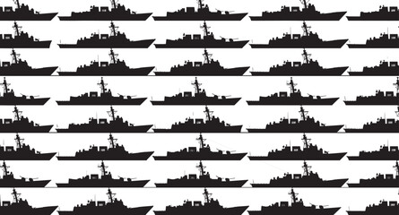 Grid of black silhouettes of naval warships arranged in rows, ideal for military design, pattern recognition, visual comparison, and educational maritime projects. © iTZ mE