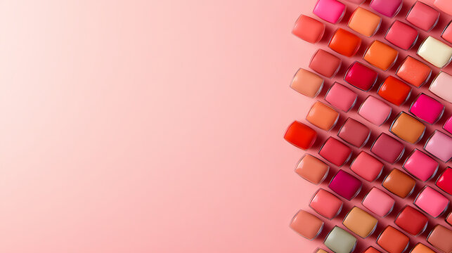Colorful nail polishes arranged in vibrant pattern on pastel pink background create cheerful and inviting atmosphere
