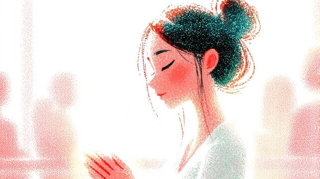Stylized digital illustration of a innocent woman praying or meditating with closed eyes in grainy art style.