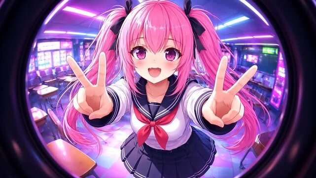 Happy anime schoolgirl idol dancing and jumping, pink hair girl in sailor uniform: calibrated to be seamless loop ready. 