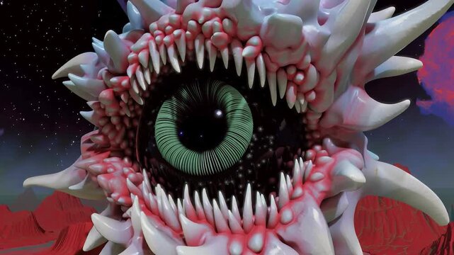 Terrifying plant-like alien monster with giant green eye and sharp teeth in deep space nebula. 