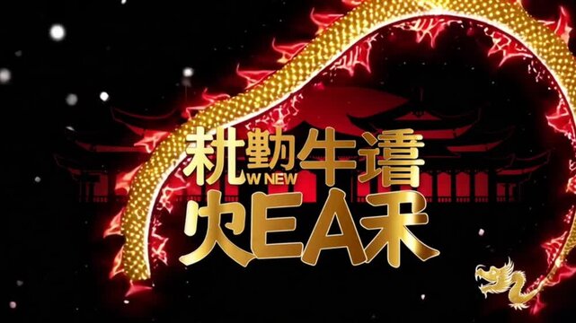 Animation of happy chinese new year text, with dragon and temples over red and white lights on black
