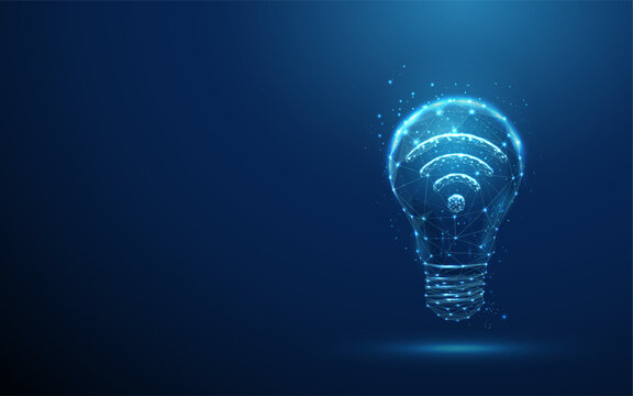Abstract blue glowing light bulb with green plant inside