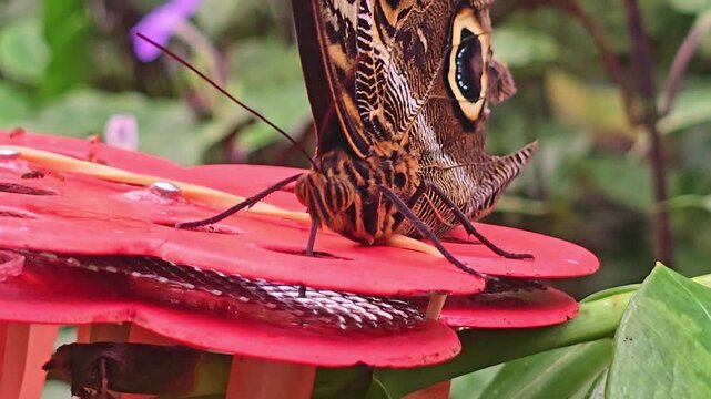 Close-up of an owl butterfly drinking nectar on a red tropical flower