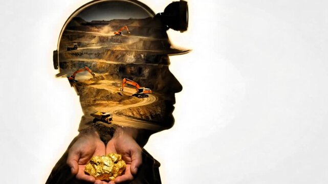 Video, silhouette background of miners engaged in gold, coal, rare earth, and material mining activities. Illustration, industry. 
