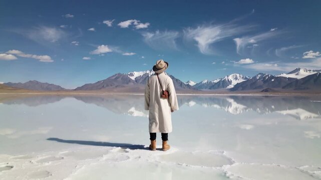 Camera rolling, hiker wearing long coat and wide hat standing on mirrored salt flat observing peaks