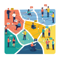 People connecting on a map with network lines.