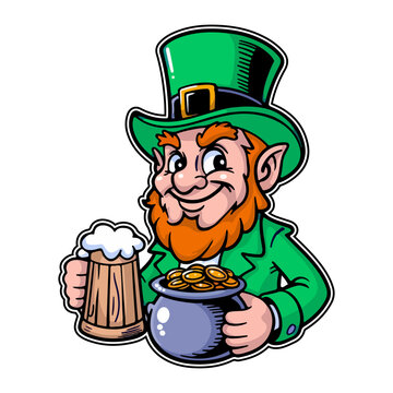 A cheerful leprechaun wearing a green suit and top hat, holding a mug of beer and a pot of gold coins. Cartoon character in sticker style, symbol of St. Patrick's Day. Vector illustation.