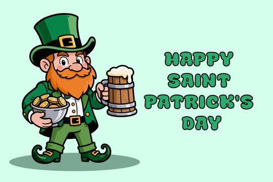 A friendly leprechaun holding a mug of beer and a pot of gold, with Happy Saint Patrick's Day text. Background for St. Patrick's Day greetings, banners, and holiday designs. Vector illustration.
